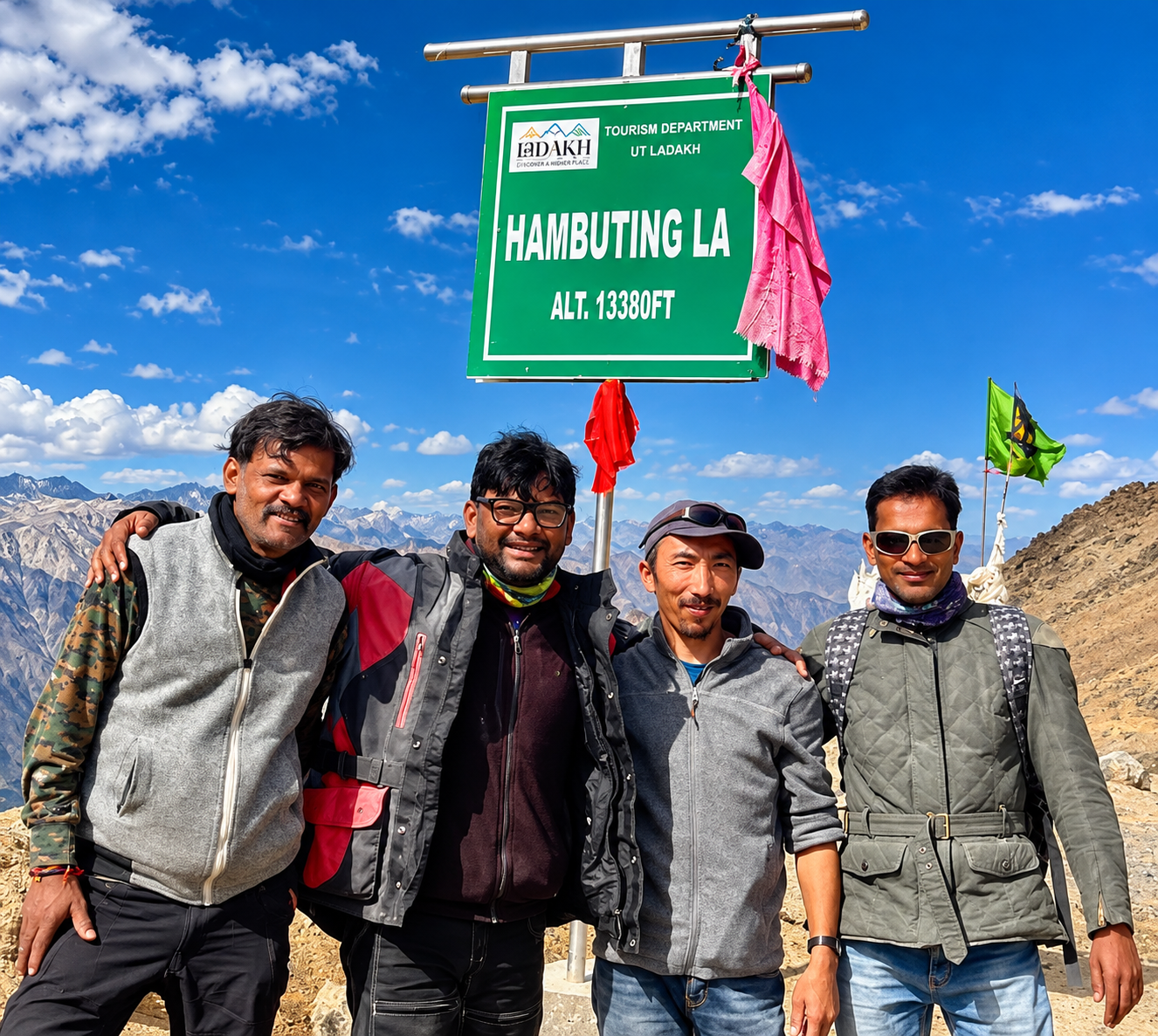 Our motorcycle tour team at Hambuting La Pass in Ladakh
